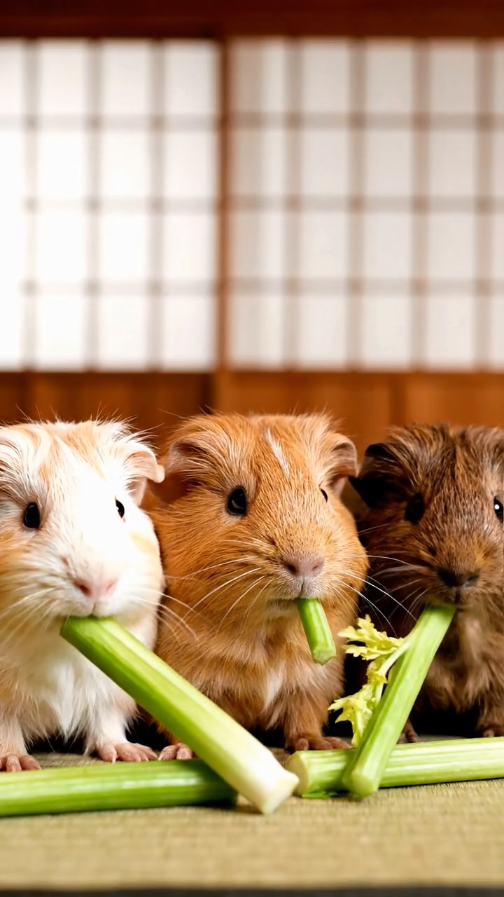 564. Realistic scene of 4 smooth-haired Californian guinea pigs with Fawn, Chocolate, Cinnamon, and Sable fur, dressed as firefighters in tiny uniforms, inspecting a miniature fire truck in a guinea pig village with hay houses, under glowing streetlights, capturing a heroic, lifelike moment.