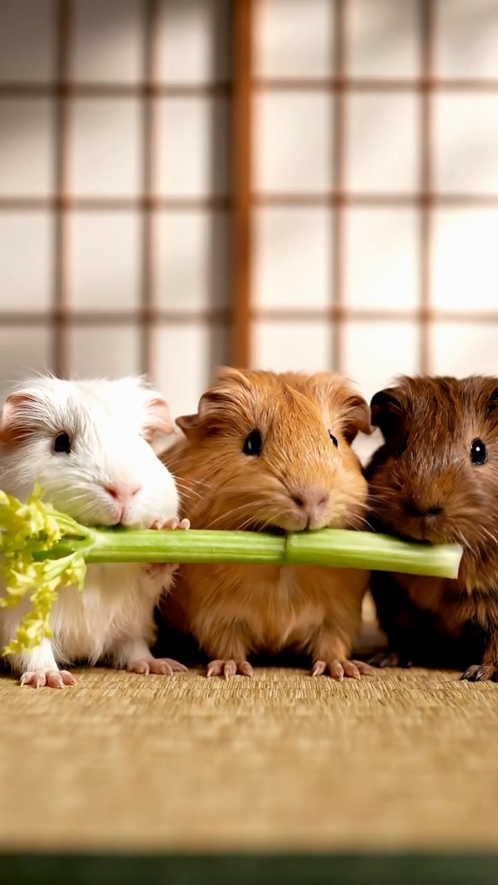 565. Detailed photo of 5 smooth-haired American guinea pigs with White, Orange, Gray, Black, and Brown fur, foraging for clover in a lush meadow with wildflowers and a trickling stream, under soft morning light, creating a realistic, serene pastoral scene.