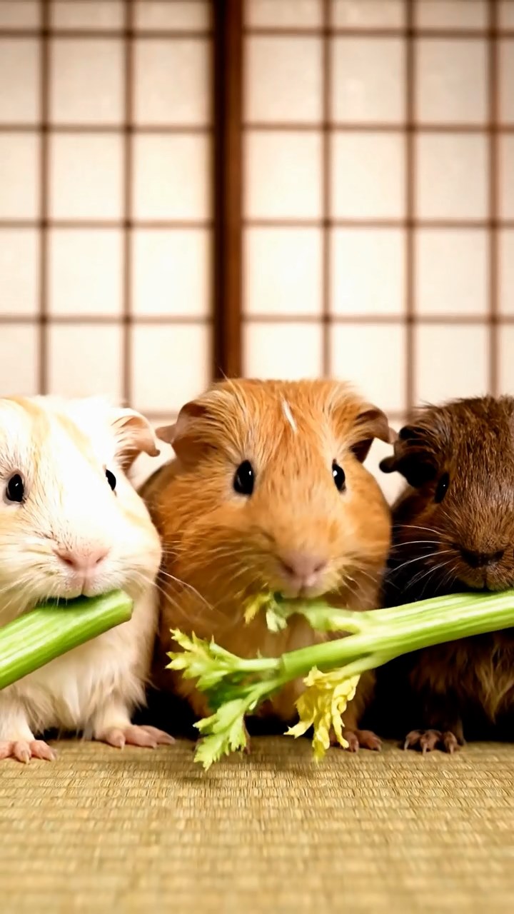 565. Detailed photo of 5 smooth-haired American guinea pigs with White, Orange, Gray, Black, and Brown fur, foraging for clover in a lush meadow with wildflowers and a trickling stream, under soft morning light, creating a realistic, serene pastoral scene.