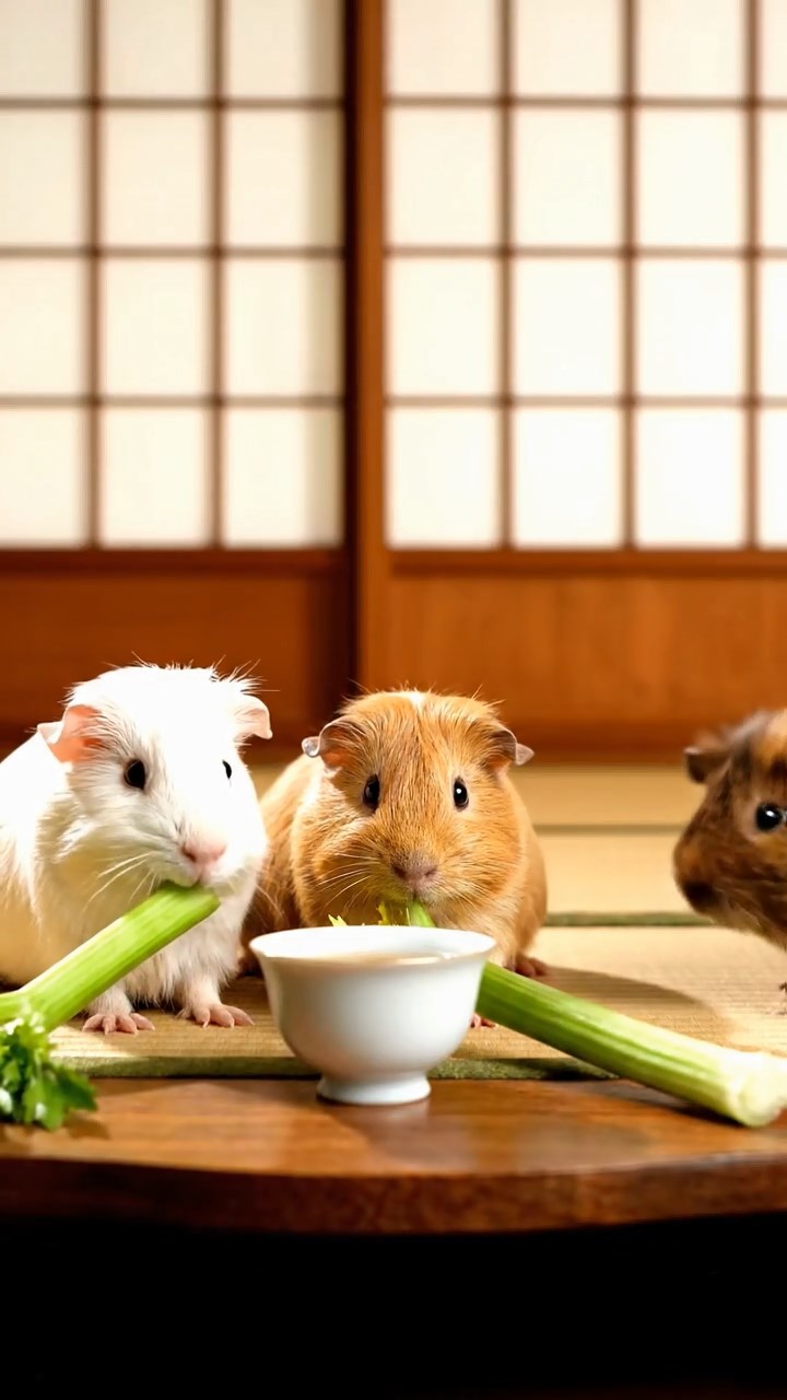 565. Detailed photo of 5 smooth-haired American guinea pigs with White, Orange, Gray, Black, and Brown fur, foraging for clover in a lush meadow with wildflowers and a trickling stream, under soft morning light, creating a realistic, serene pastoral scene.