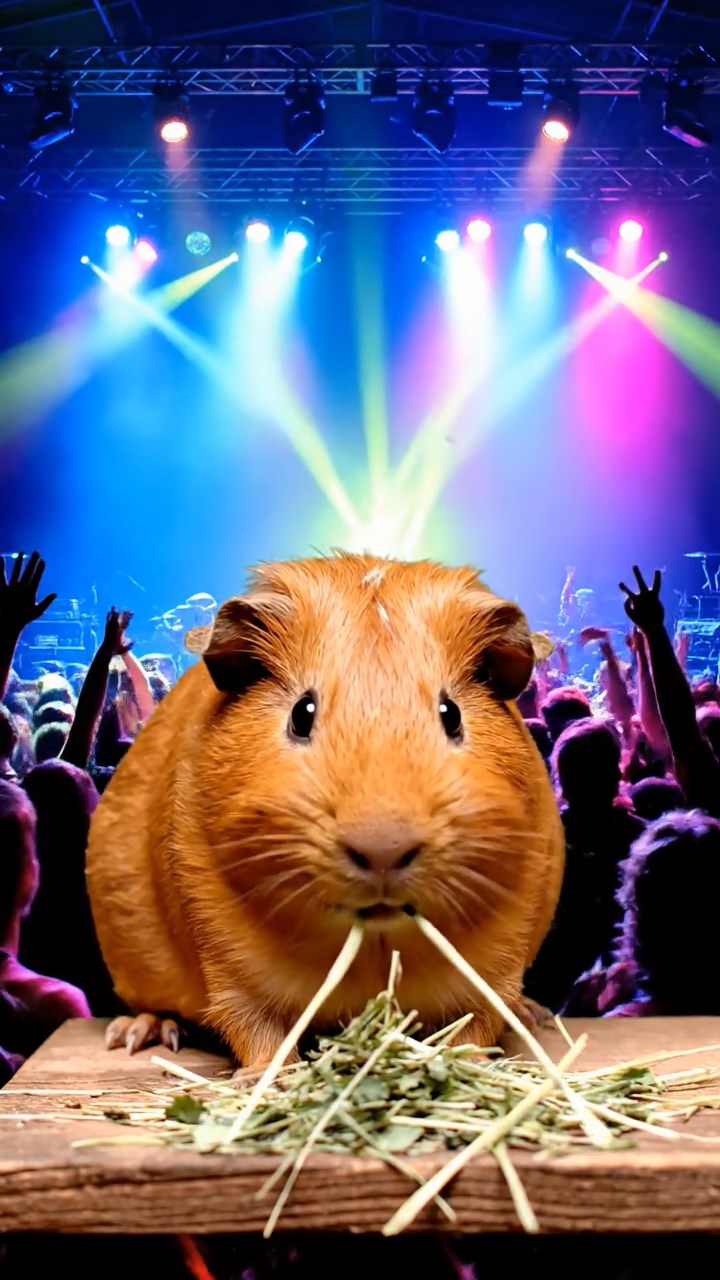 565. Detailed photo of 5 smooth-haired American guinea pigs with White, Orange, Gray, Black, and Brown fur, foraging for clover in a lush meadow with wildflowers and a trickling stream, under soft morning light, creating a realistic, serene pastoral scene.