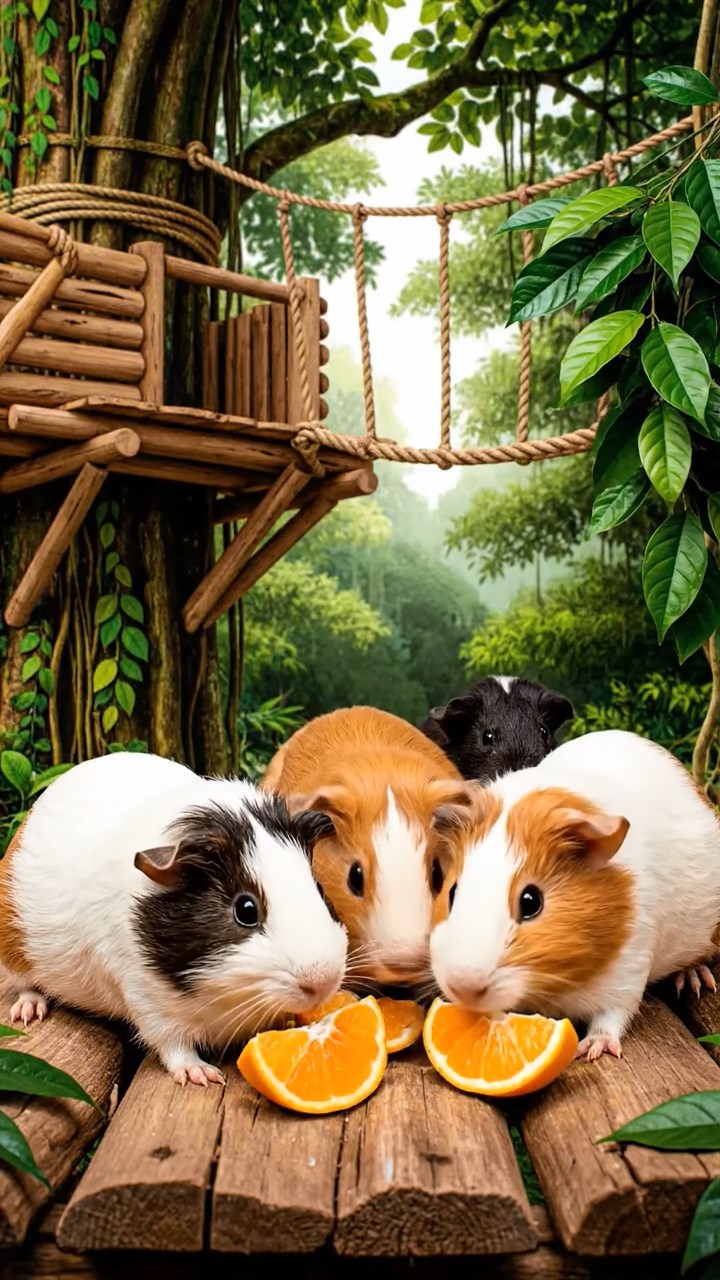 567. Highly detailed view of 2 smooth-haired Himalayan guinea pigs with Fawn and Sable fur, dressed as musicians in tiny vests, playing miniature flutes in a guinea pig concert hall with hay seats and velvet curtains, under warm spotlights, creating a realistic, elegant scene.