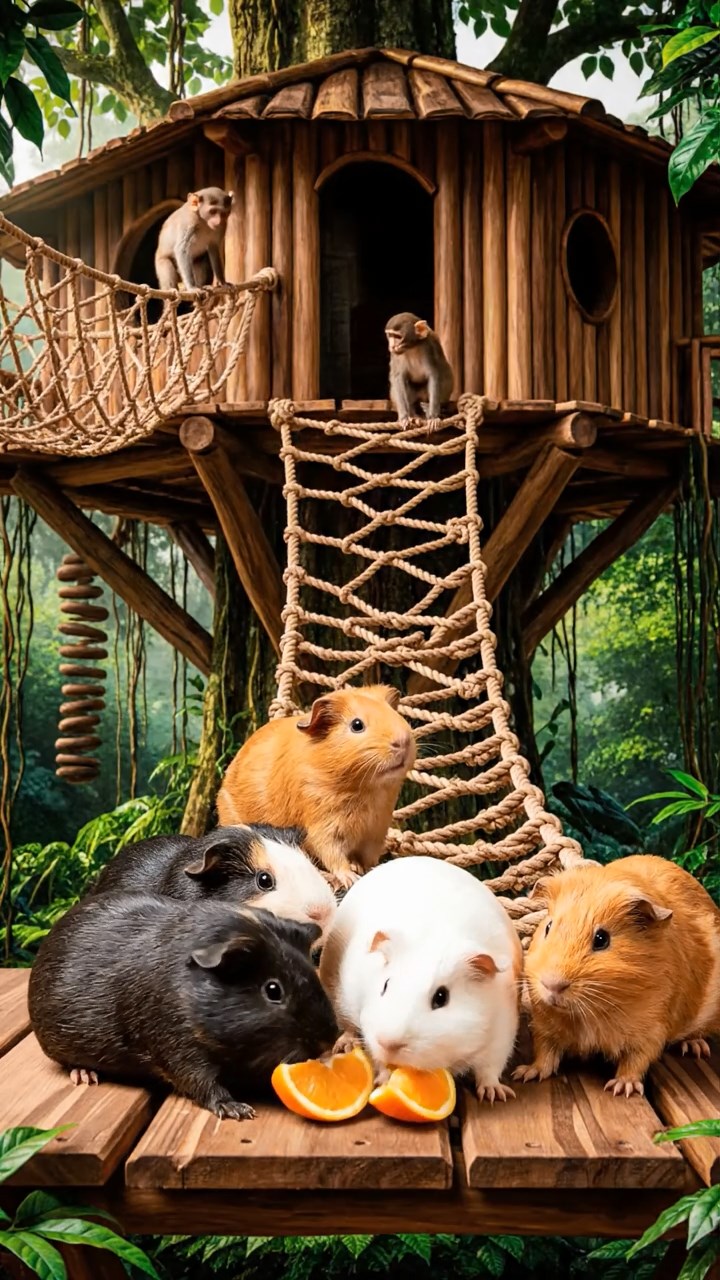 567. Highly detailed view of 2 smooth-haired Himalayan guinea pigs with Fawn and Sable fur, dressed as musicians in tiny vests, playing miniature flutes in a guinea pig concert hall with hay seats and velvet curtains, under warm spotlights, creating a realistic, elegant scene.