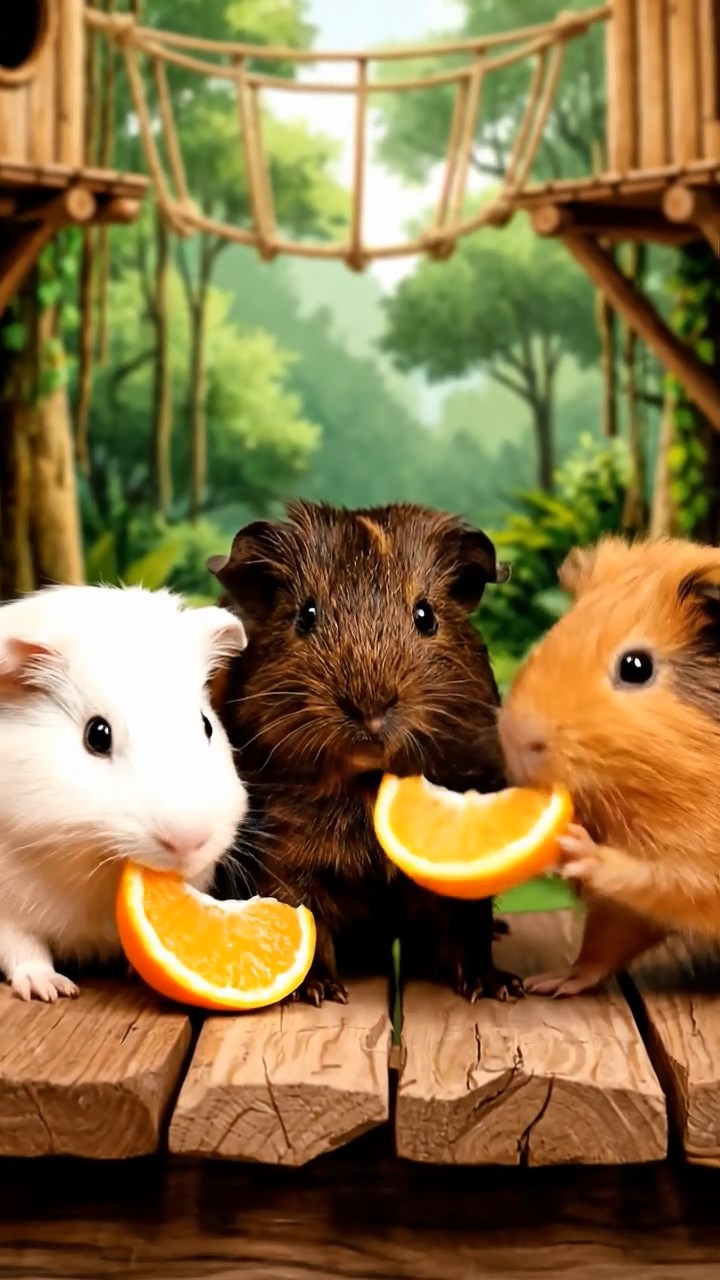 567. Highly detailed view of 2 smooth-haired Himalayan guinea pigs with Fawn and Sable fur, dressed as musicians in tiny vests, playing miniature flutes in a guinea pig concert hall with hay seats and velvet curtains, under warm spotlights, creating a realistic, elegant scene.