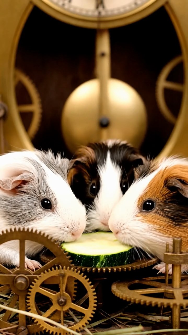 567. Highly detailed view of 2 smooth-haired Himalayan guinea pigs with Fawn and Sable fur, dressed as musicians in tiny vests, playing miniature flutes in a guinea pig concert hall with hay seats and velvet curtains, under warm spotlights, creating a realistic, elegant scene.