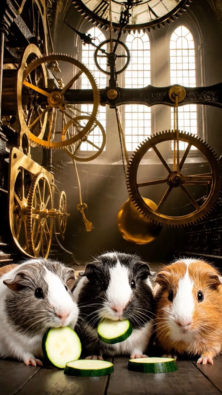 568. Realistic scene of 3 smooth-haired Californian guinea pigs with Chocolate, Cinnamon, and Gray fur, grooming each other in a lush meadow with scattered wildflowers and a babbling brook, under golden sunlight, enhancing the authentic, social atmosphere.