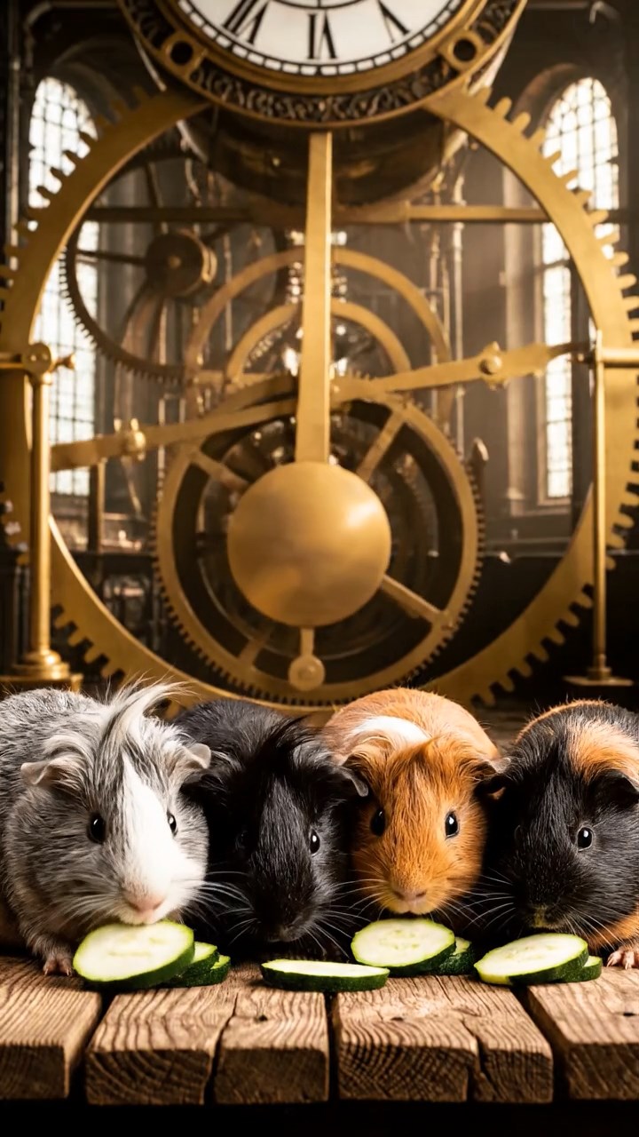 568. Realistic scene of 3 smooth-haired Californian guinea pigs with Chocolate, Cinnamon, and Gray fur, grooming each other in a lush meadow with scattered wildflowers and a babbling brook, under golden sunlight, enhancing the authentic, social atmosphere.