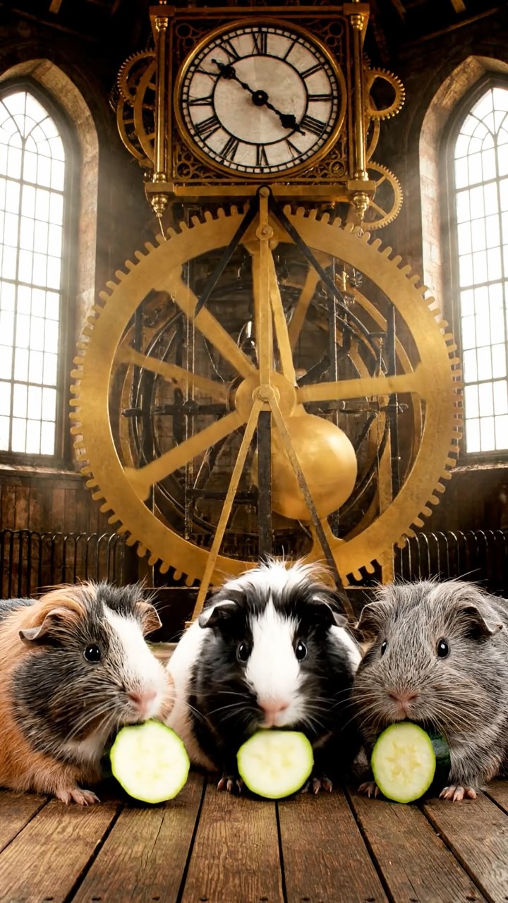 568. Realistic scene of 3 smooth-haired Californian guinea pigs with Chocolate, Cinnamon, and Gray fur, grooming each other in a lush meadow with scattered wildflowers and a babbling brook, under golden sunlight, enhancing the authentic, social atmosphere.