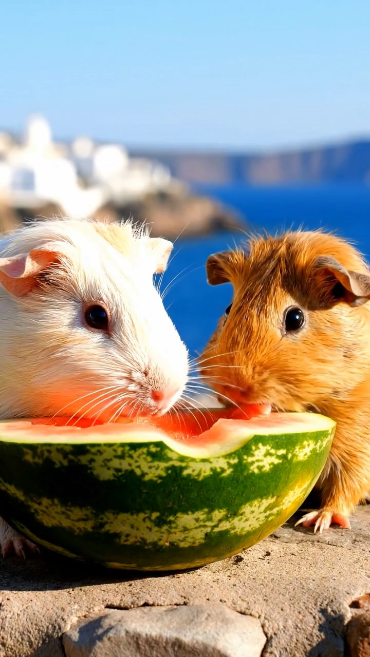 568. Realistic scene of 3 smooth-haired Californian guinea pigs with Chocolate, Cinnamon, and Gray fur, grooming each other in a lush meadow with scattered wildflowers and a babbling brook, under golden sunlight, enhancing the authentic, social atmosphere.