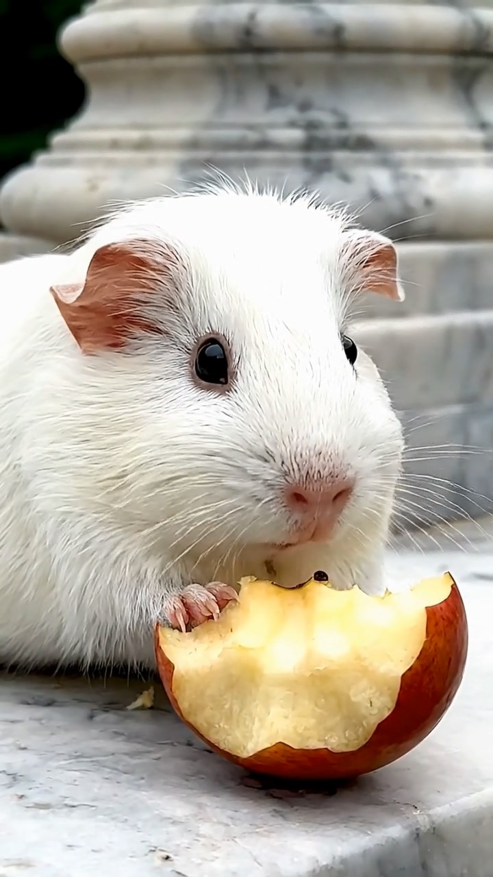 571. Highly detailed view of 1 smooth-haired Himalayan guinea pig with White fur, munching on bell peppers, in a vibrant vegetable garden with rows of tomatoes and lettuce, under bright sunlight, creating a realistic, colorful rural scene.