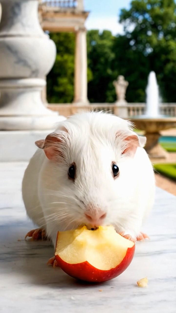 571. Highly detailed view of 1 smooth-haired Himalayan guinea pig with White fur, munching on bell peppers, in a vibrant vegetable garden with rows of tomatoes and lettuce, under bright sunlight, creating a realistic, colorful rural scene.