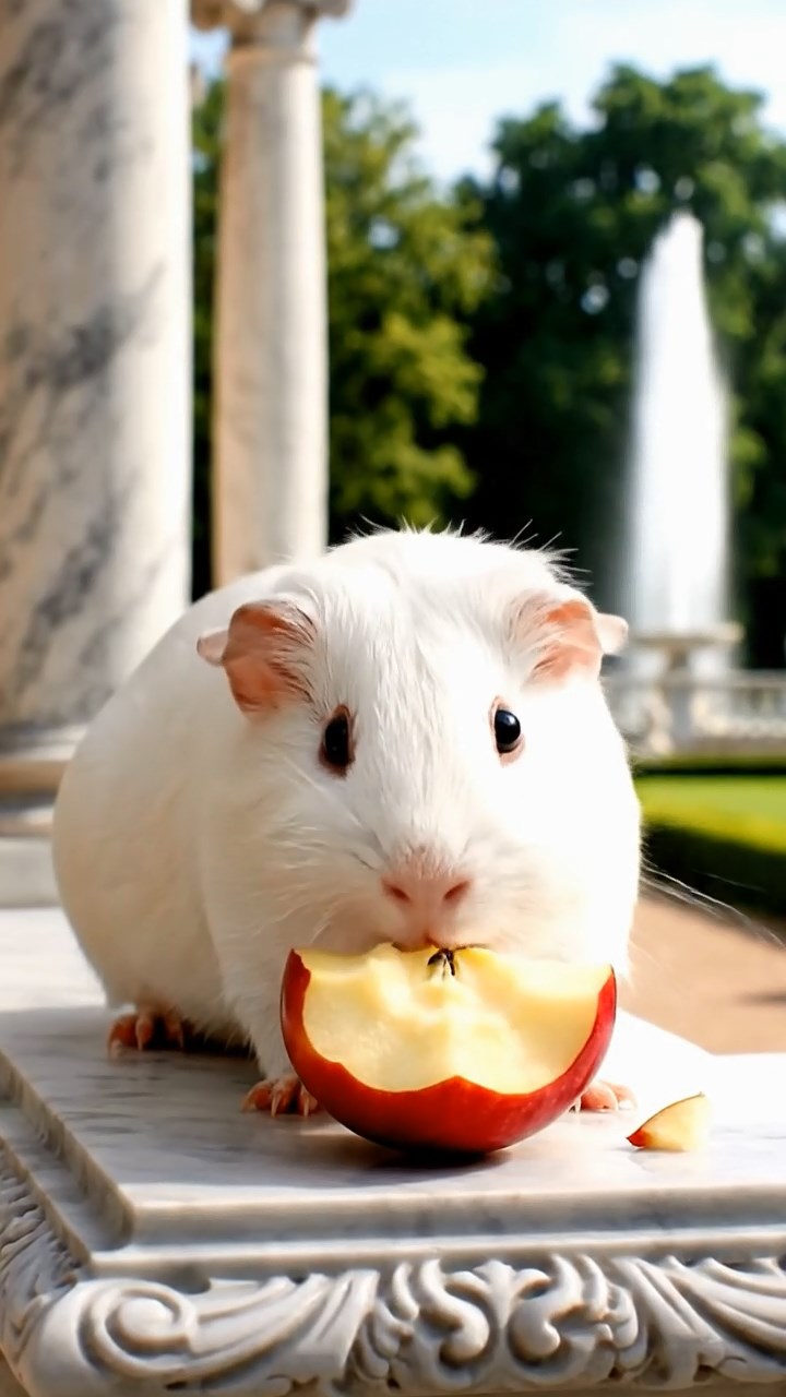 571. Highly detailed view of 1 smooth-haired Himalayan guinea pig with White fur, munching on bell peppers, in a vibrant vegetable garden with rows of tomatoes and lettuce, under bright sunlight, creating a realistic, colorful rural scene.