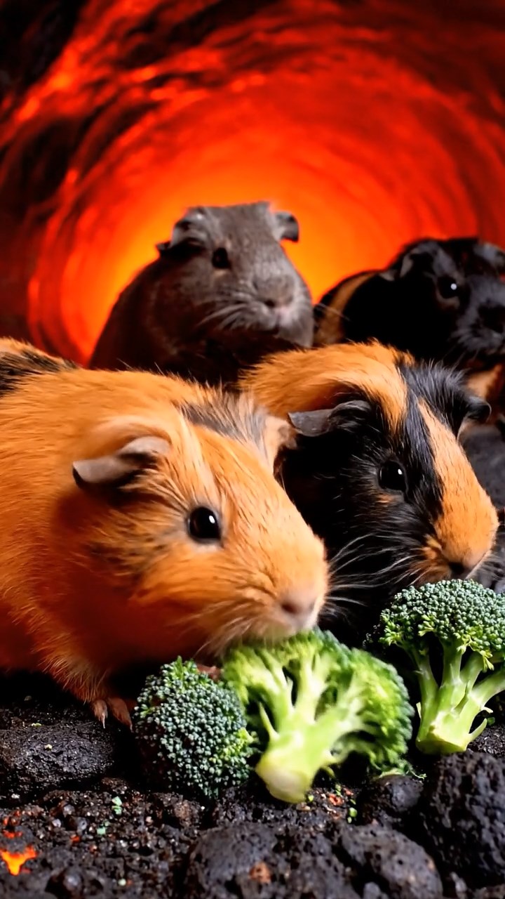 572. Realistic scene of 2 smooth-haired Californian guinea pigs with Orange and Black fur, dressed as tailors in tiny vests, sewing miniature shirts in a guinea pig atelier with colorful fabrics and hay mannequins, under warm lamplight, enhancing the lifelike, creative atmosphere.