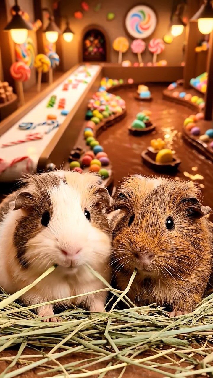 572. Realistic scene of 2 smooth-haired Californian guinea pigs with Orange and Black fur, dressed as tailors in tiny vests, sewing miniature shirts in a guinea pig atelier with colorful fabrics and hay mannequins, under warm lamplight, enhancing the lifelike, creative atmosphere.
