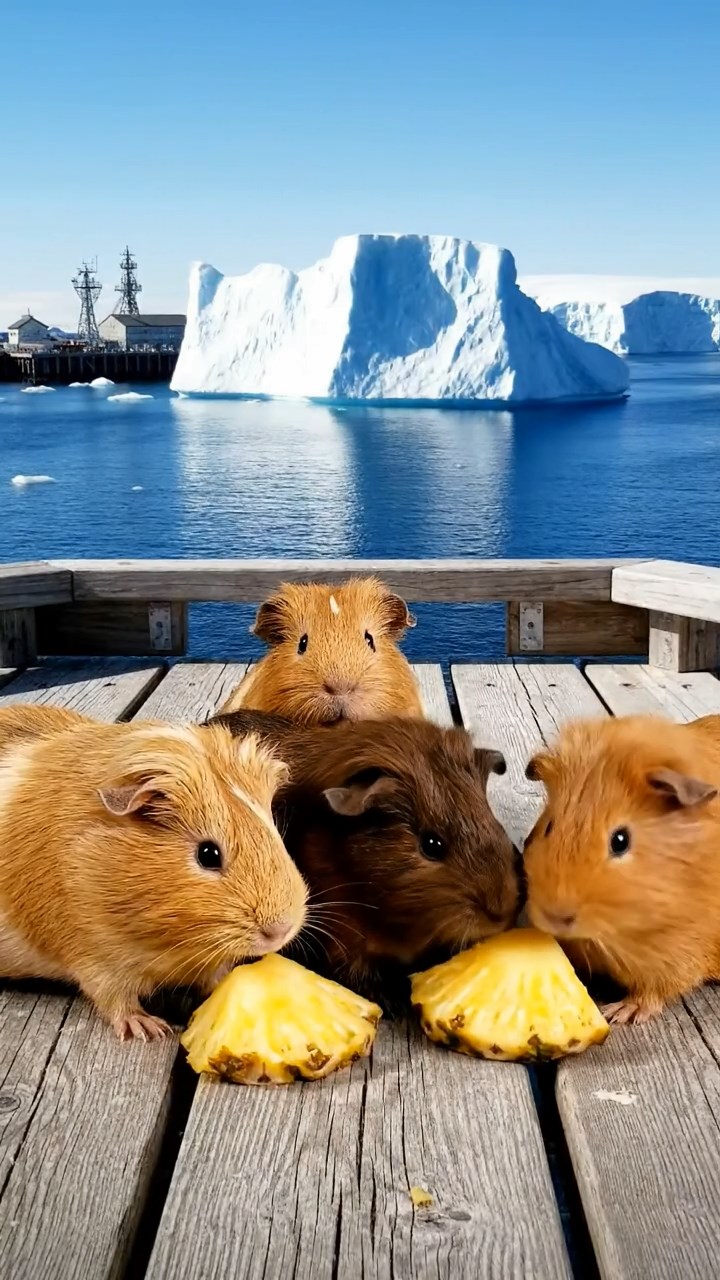 574. Photorealistic scene of 4 smooth-haired Teddy guinea pigs with Fawn, Chocolate, Cinnamon, and Sable fur, dressed as librarians in tiny glasses, reading stories in a guinea pig library with hay shelves and soft lamplight, capturing a realistic, cozy moment.