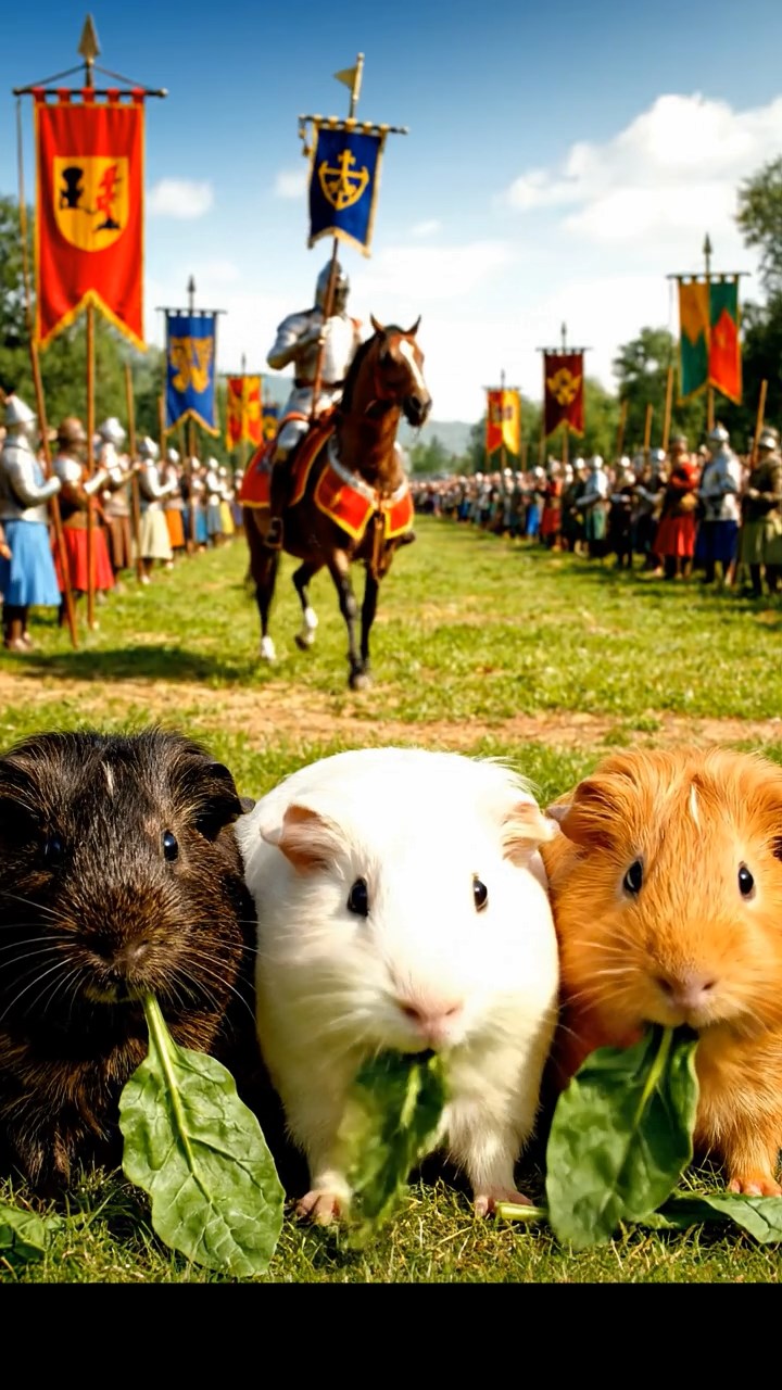 575. Highly detailed view of 5 smooth-haired Himalayan guinea pigs with White, Orange, Gray, Black, and Brown fur, foraging for wild herbs in a lush meadow with wildflowers and a babbling brook, under soft morning light, creating a realistic, serene pastoral scene.