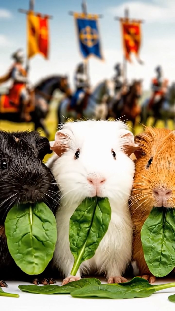 575. Highly detailed view of 5 smooth-haired Himalayan guinea pigs with White, Orange, Gray, Black, and Brown fur, foraging for wild herbs in a lush meadow with wildflowers and a babbling brook, under soft morning light, creating a realistic, serene pastoral scene.