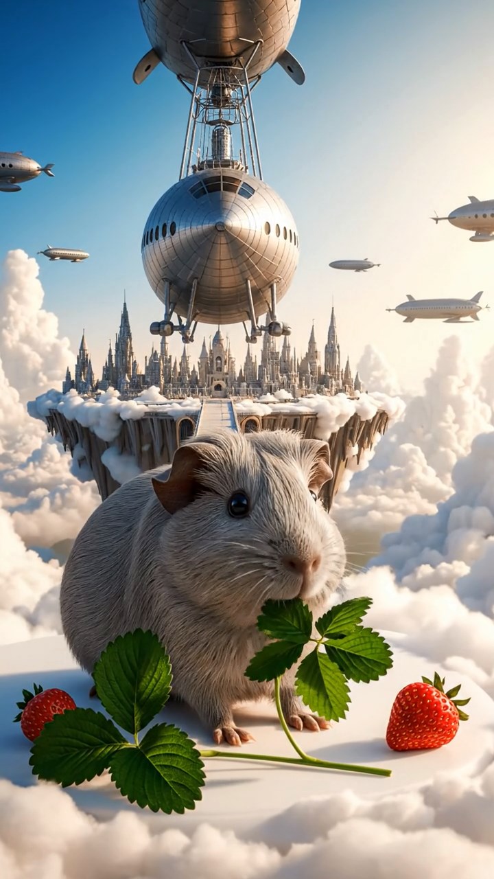 575. Highly detailed view of 5 smooth-haired Himalayan guinea pigs with White, Orange, Gray, Black, and Brown fur, foraging for wild herbs in a lush meadow with wildflowers and a babbling brook, under soft morning light, creating a realistic, serene pastoral scene.