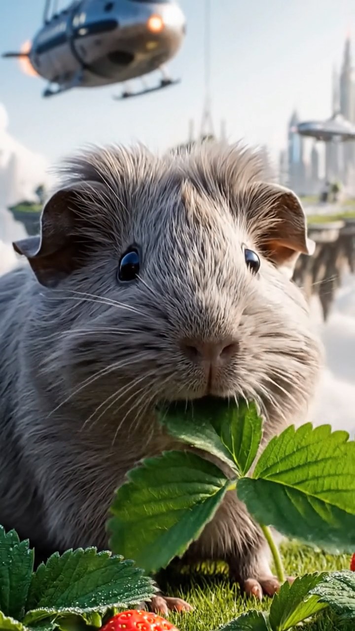 576. Realistic scene of 1 smooth-haired Californian guinea pig with Cream fur, nibbling on strawberries, in a fragrant rose garden with blooming red and white roses, under warm sunlight, capturing a vivid, lifelike romantic moment.