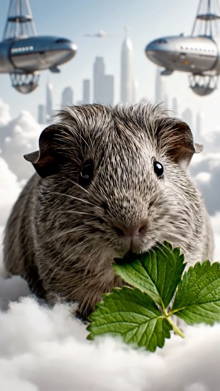 576. Realistic scene of 1 smooth-haired Californian guinea pig with Cream fur, nibbling on strawberries, in a fragrant rose garden with blooming red and white roses, under warm sunlight, capturing a vivid, lifelike romantic moment.