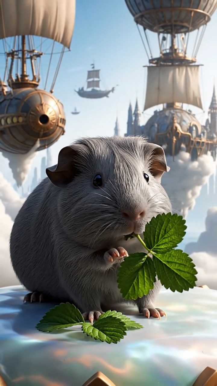 576. Realistic scene of 1 smooth-haired Californian guinea pig with Cream fur, nibbling on strawberries, in a fragrant rose garden with blooming red and white roses, under warm sunlight, capturing a vivid, lifelike romantic moment.