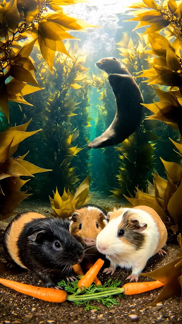 577. Detailed photo of 2 smooth-haired American guinea pigs with Fawn and Sable fur, dressed as bakers in tiny aprons, baking pies in a guinea pig bakery with hay ovens and wooden counters, under soft lamplight, creating a realistic, cozy culinary scene.