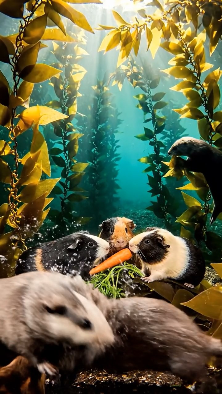 577. Detailed photo of 2 smooth-haired American guinea pigs with Fawn and Sable fur, dressed as bakers in tiny aprons, baking pies in a guinea pig bakery with hay ovens and wooden counters, under soft lamplight, creating a realistic, cozy culinary scene.