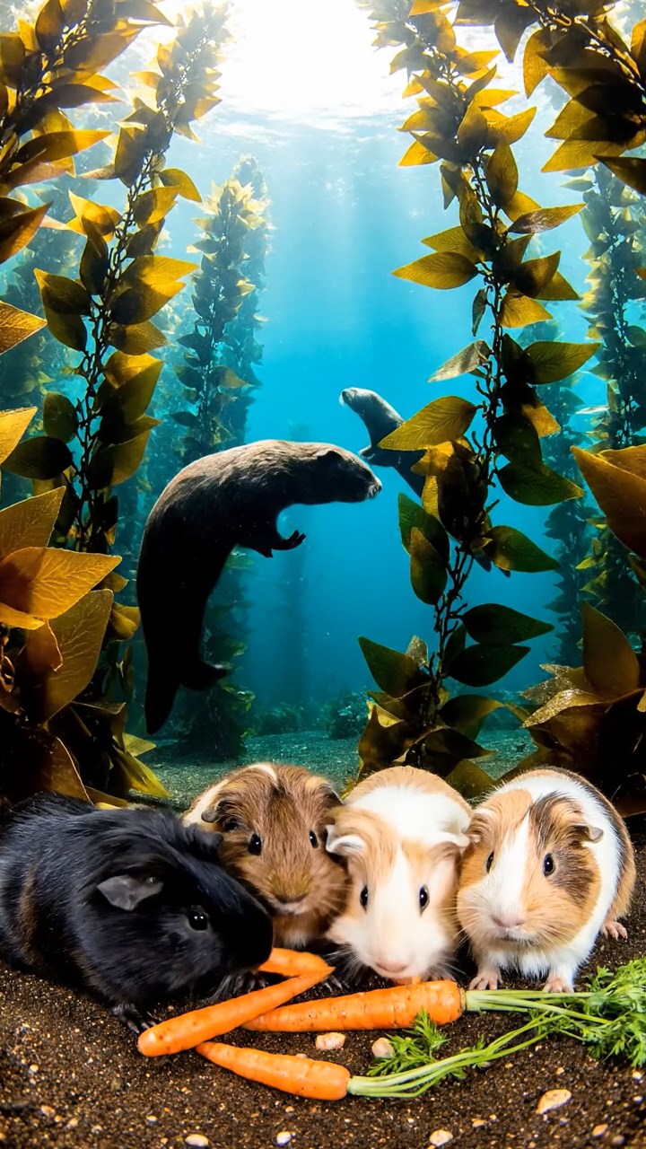 577. Detailed photo of 2 smooth-haired American guinea pigs with Fawn and Sable fur, dressed as bakers in tiny aprons, baking pies in a guinea pig bakery with hay ovens and wooden counters, under soft lamplight, creating a realistic, cozy culinary scene.