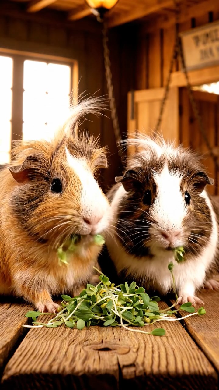 577. Detailed photo of 2 smooth-haired American guinea pigs with Fawn and Sable fur, dressed as bakers in tiny aprons, baking pies in a guinea pig bakery with hay ovens and wooden counters, under soft lamplight, creating a realistic, cozy culinary scene.