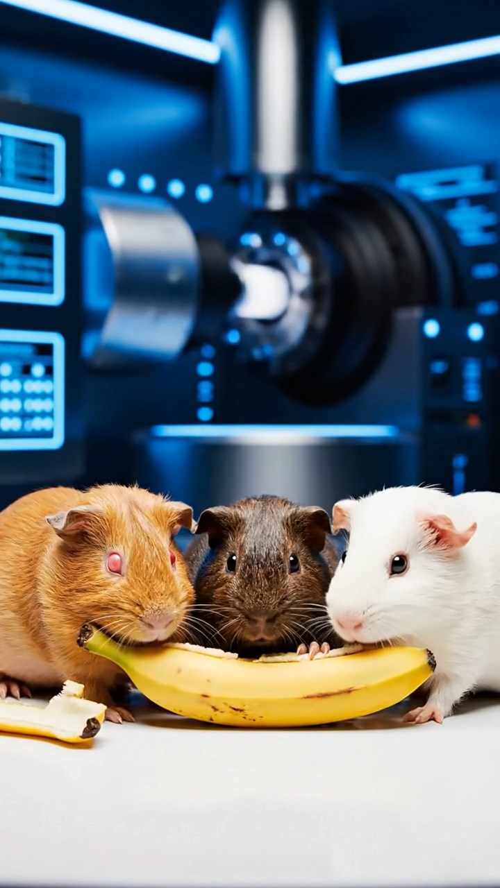 578. Photorealistic scene of 3 smooth-haired Teddy guinea pigs with Chocolate, Cinnamon, and Gray fur, climbing small rocks in a forested glade with soft moss and scattered leaves, under dappled sunlight, enhancing the authentic, adventurous atmosphere.