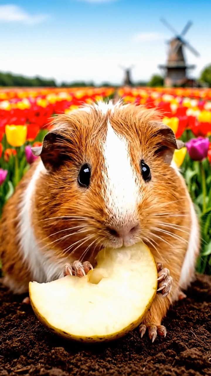 580. Realistic scene of 5 smooth-haired Californian guinea pigs with Cream, Fawn, Sable, Gray, and Cinnamon fur, sleeping in a cozy pile in a lush meadow with wildflowers and a gentle breeze, under golden sunlight, capturing a lifelike, tranquil group moment.