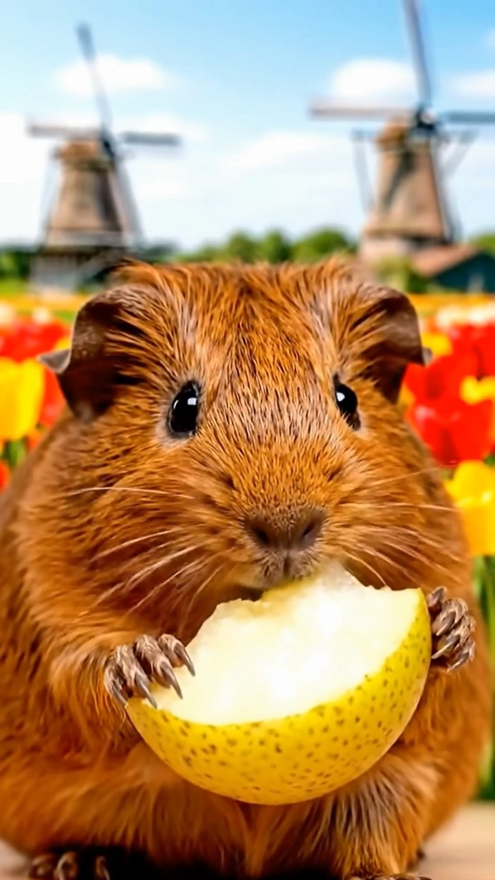581. Detailed photo of 1 smooth-haired American guinea pig with White fur, munching on fresh apples, in a vibrant lavender garden with rows of purple blooms swaying in the breeze, under soft sunlight, creating a realistic, fragrant pastoral scene.