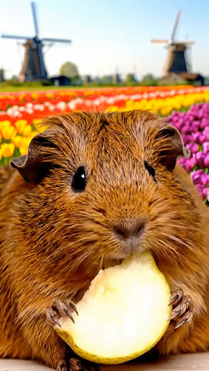 581. Detailed photo of 1 smooth-haired American guinea pig with White fur, munching on fresh apples, in a vibrant lavender garden with rows of purple blooms swaying in the breeze, under soft sunlight, creating a realistic, fragrant pastoral scene.