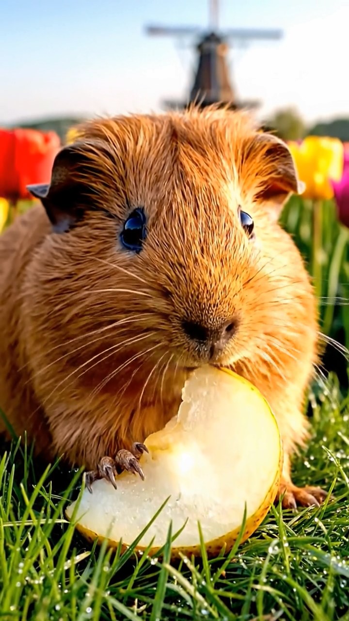 581. Detailed photo of 1 smooth-haired American guinea pig with White fur, munching on fresh apples, in a vibrant lavender garden with rows of purple blooms swaying in the breeze, under soft sunlight, creating a realistic, fragrant pastoral scene.