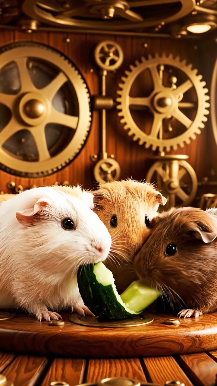 582. Photorealistic scene of 2 smooth-haired Teddy guinea pigs with Orange and Black fur, dressed as engineers in tiny helmets, building a miniature windmill in a guinea pig workshop with hay beams and tools, under bright daylight, enhancing the lifelike, industrious atmosphere.