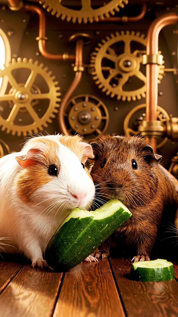 582. Photorealistic scene of 2 smooth-haired Teddy guinea pigs with Orange and Black fur, dressed as engineers in tiny helmets, building a miniature windmill in a guinea pig workshop with hay beams and tools, under bright daylight, enhancing the lifelike, industrious atmosphere.