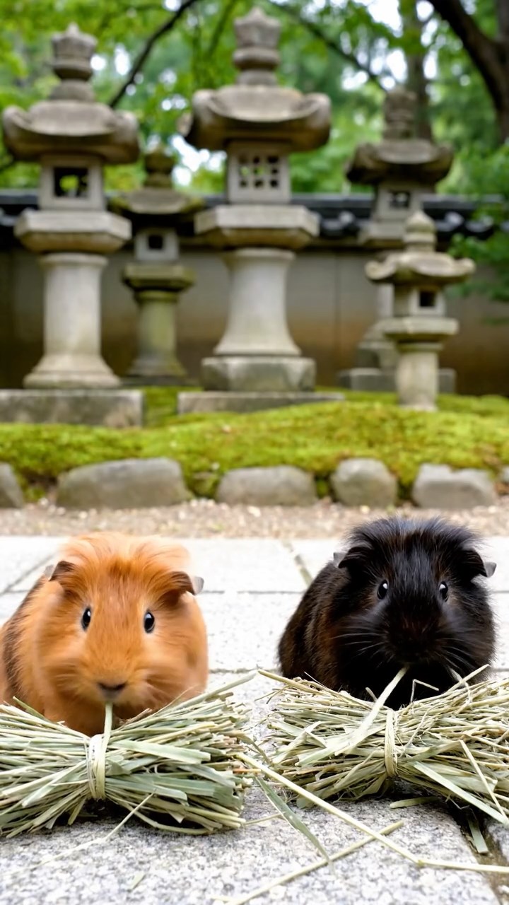 582. Photorealistic scene of 2 smooth-haired Teddy guinea pigs with Orange and Black fur, dressed as engineers in tiny helmets, building a miniature windmill in a guinea pig workshop with hay beams and tools, under bright daylight, enhancing the lifelike, industrious atmosphere.