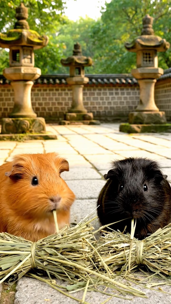 583. Highly detailed view of 3 smooth-haired Himalayan guinea pigs with Gray, Cream, and Brown fur, mating in a secluded grassy clearing surrounded by tall ferns and soft moss, under gentle morning light, creating a realistic, intimate natural scene.