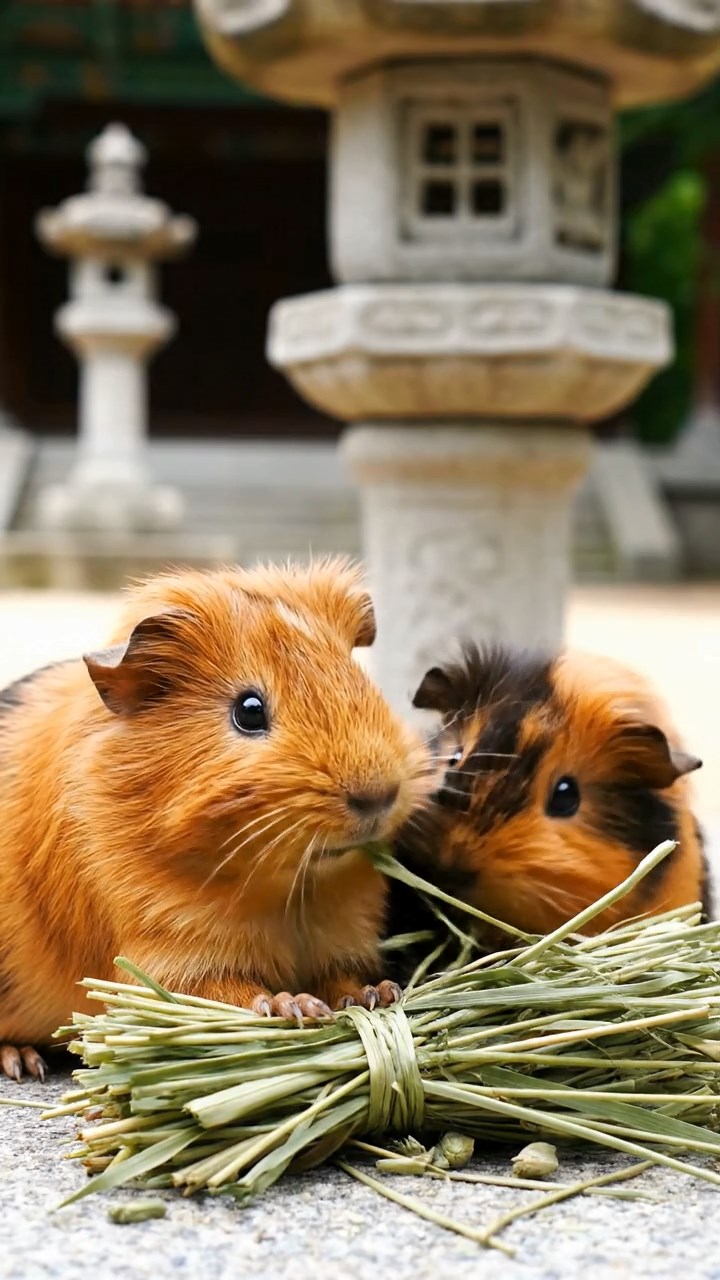 583. Highly detailed view of 3 smooth-haired Himalayan guinea pigs with Gray, Cream, and Brown fur, mating in a secluded grassy clearing surrounded by tall ferns and soft moss, under gentle morning light, creating a realistic, intimate natural scene.