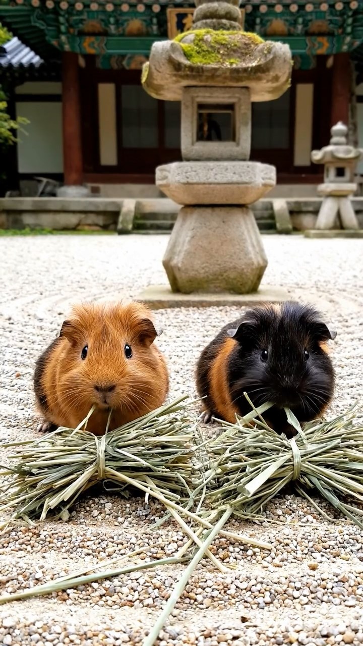 583. Highly detailed view of 3 smooth-haired Himalayan guinea pigs with Gray, Cream, and Brown fur, mating in a secluded grassy clearing surrounded by tall ferns and soft moss, under gentle morning light, creating a realistic, intimate natural scene.