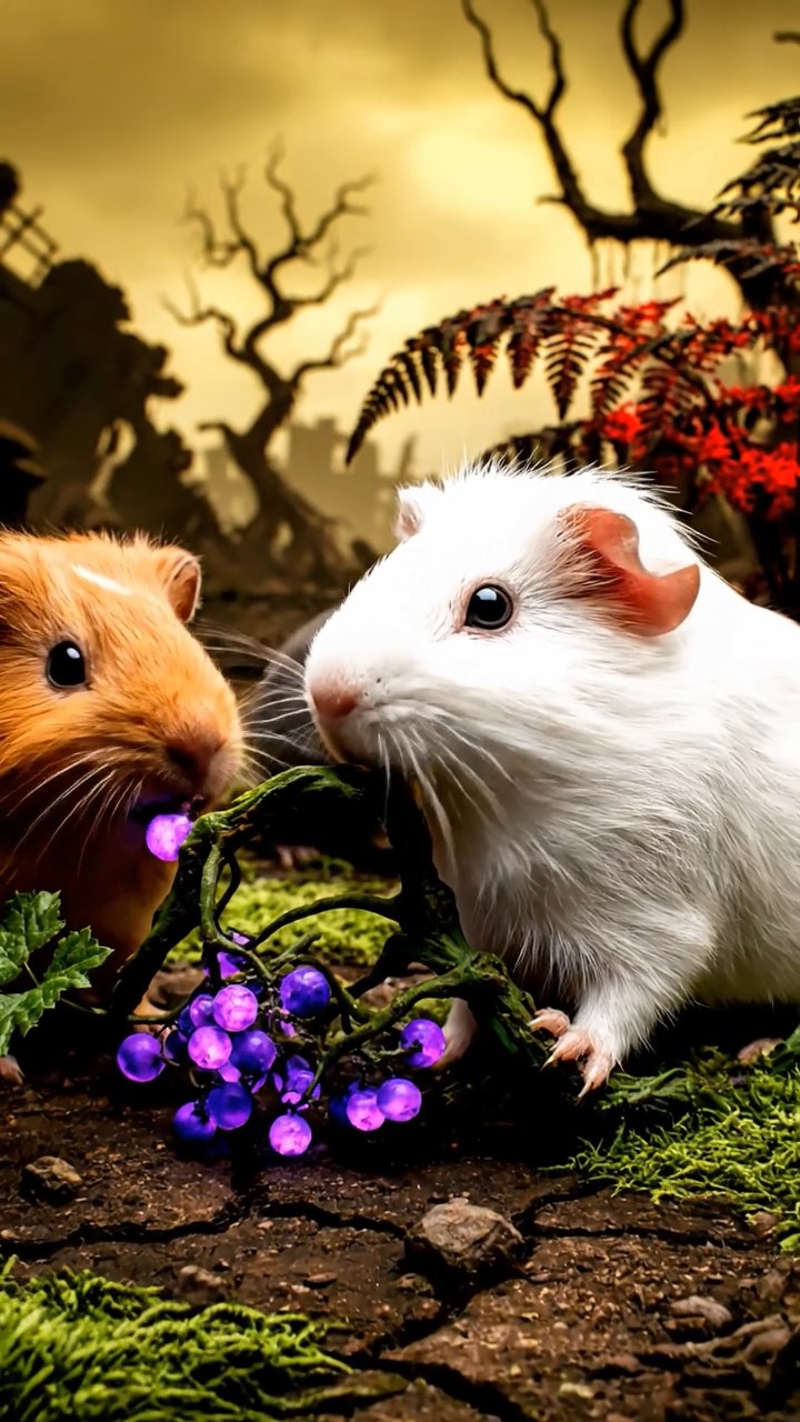 1135. Detailed scene of 3 smooth-haired Teddy guinea pigs with white, orange, and gray fur, nibbling on grape vines, in a post-nuclear wasteland with mutated plants and ruins.