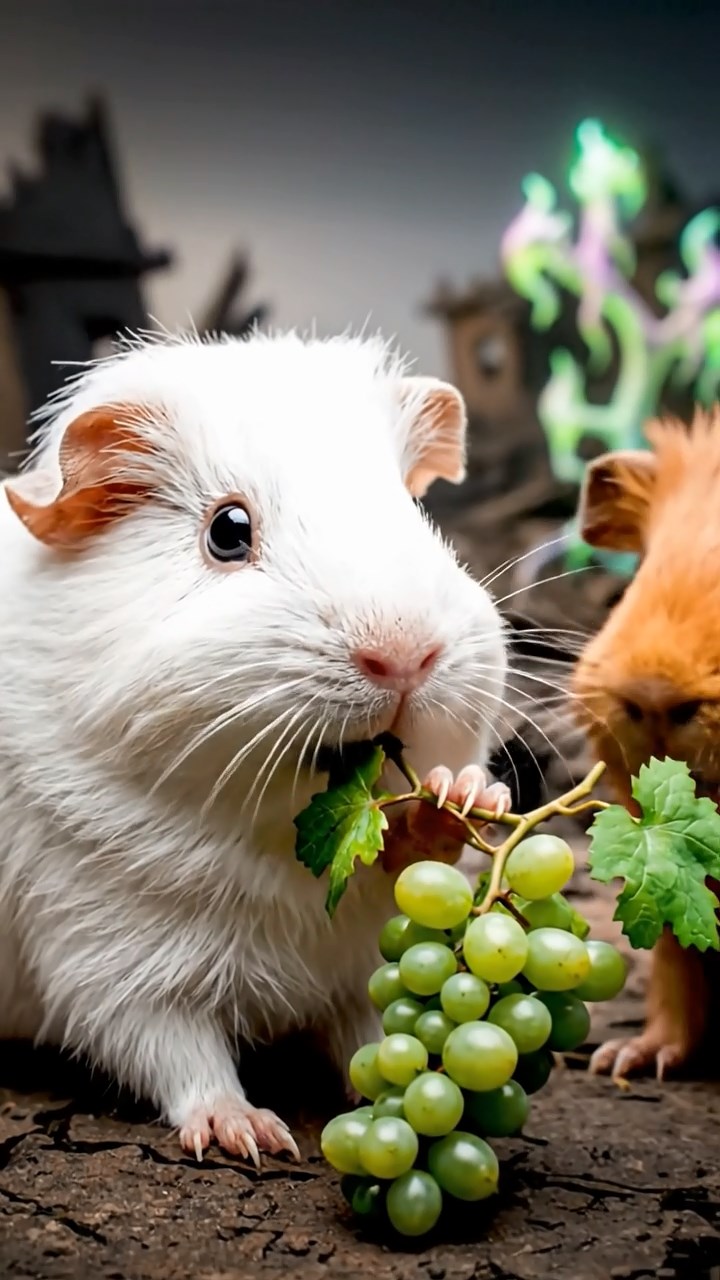 1135. Detailed scene of 3 smooth-haired Teddy guinea pigs with white, orange, and gray fur, nibbling on grape vines, in a post-nuclear wasteland with mutated plants and ruins.