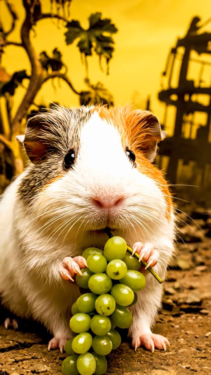 1135. Detailed scene of 3 smooth-haired Teddy guinea pigs with white, orange, and gray fur, nibbling on grape vines, in a post-nuclear wasteland with mutated plants and ruins.