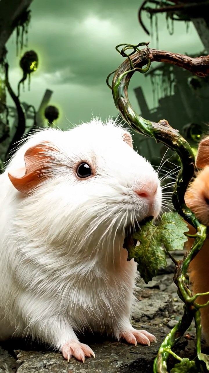 1135. Detailed scene of 3 smooth-haired Teddy guinea pigs with white, orange, and gray fur, nibbling on grape vines, in a post-nuclear wasteland with mutated plants and ruins.