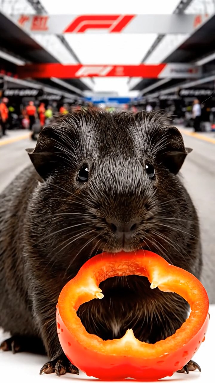 1136. Photorealistic photo of 1 smooth-haired Texel guinea pig with black fur, chewing on bell pepper rings, at a Formula 1 pit lane with race cars zooming by.