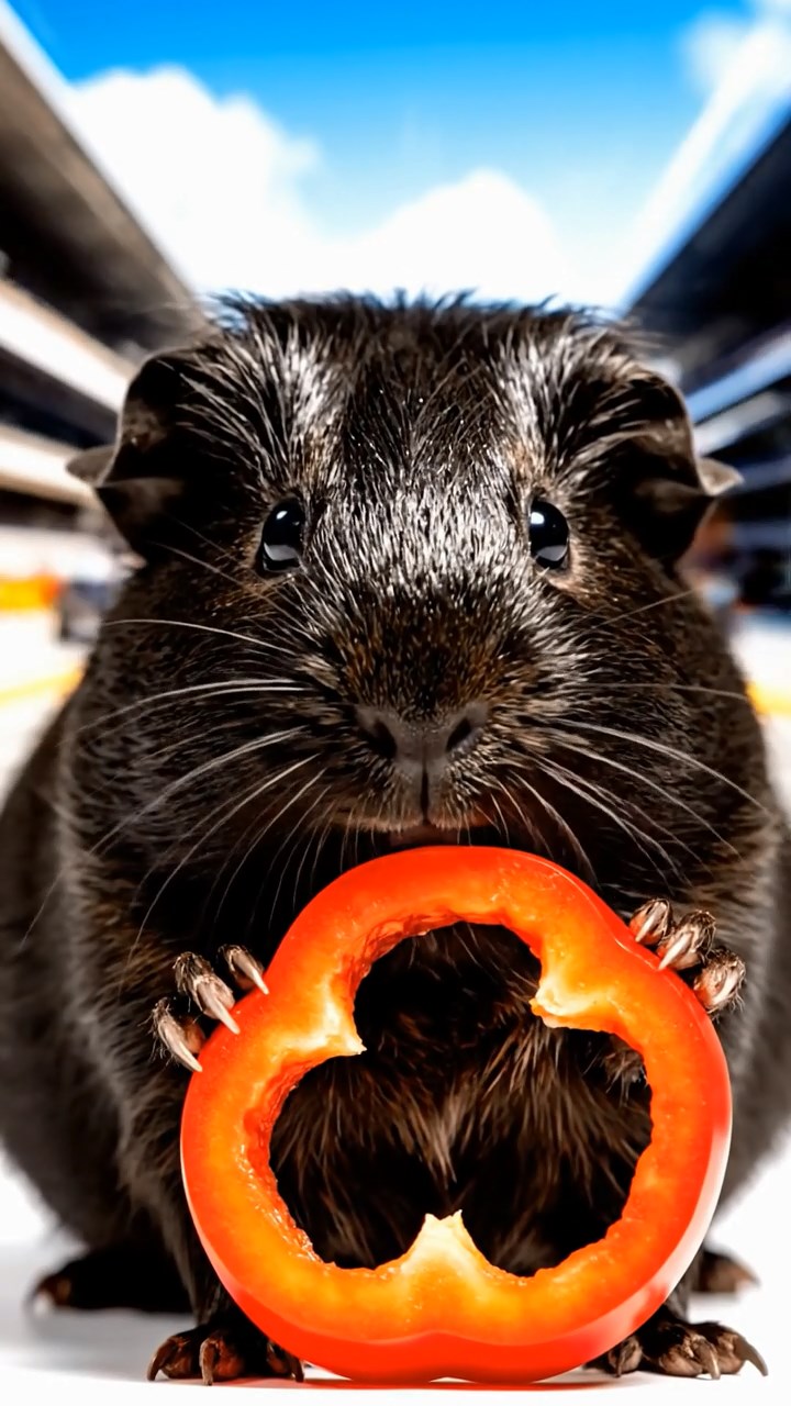 1136. Photorealistic photo of 1 smooth-haired Texel guinea pig with black fur, chewing on bell pepper rings, at a Formula 1 pit lane with race cars zooming by.
