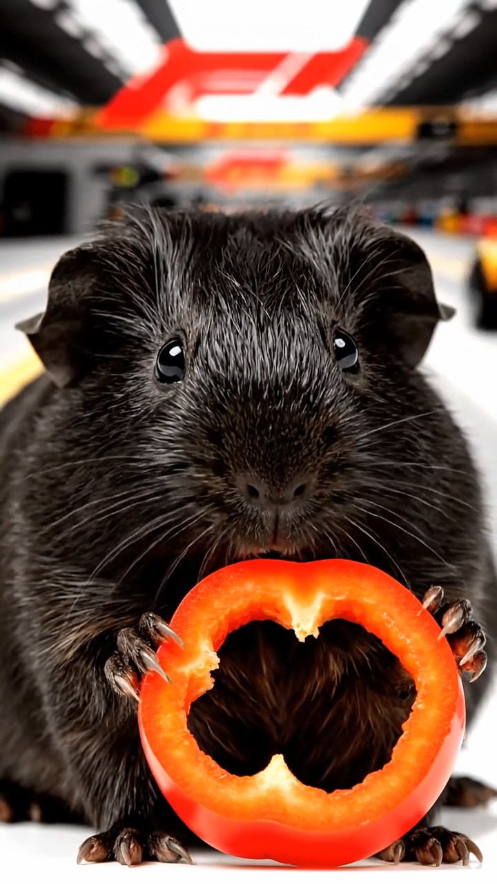 1136. Photorealistic photo of 1 smooth-haired Texel guinea pig with black fur, chewing on bell pepper rings, at a Formula 1 pit lane with race cars zooming by.