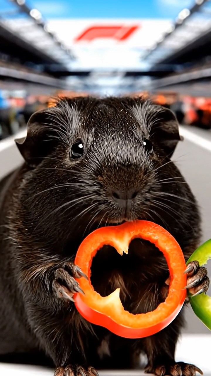 1136. Photorealistic photo of 1 smooth-haired Texel guinea pig with black fur, chewing on bell pepper rings, at a Formula 1 pit lane with race cars zooming by.