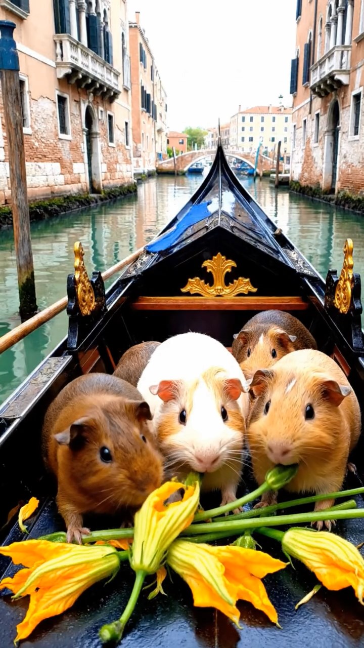 1137. Realistic image of 5 smooth-haired Rex guinea pigs in brown, cream, and fawn colors, munching on zucchini flowers, on a floating Venice gondola with canal reflections.