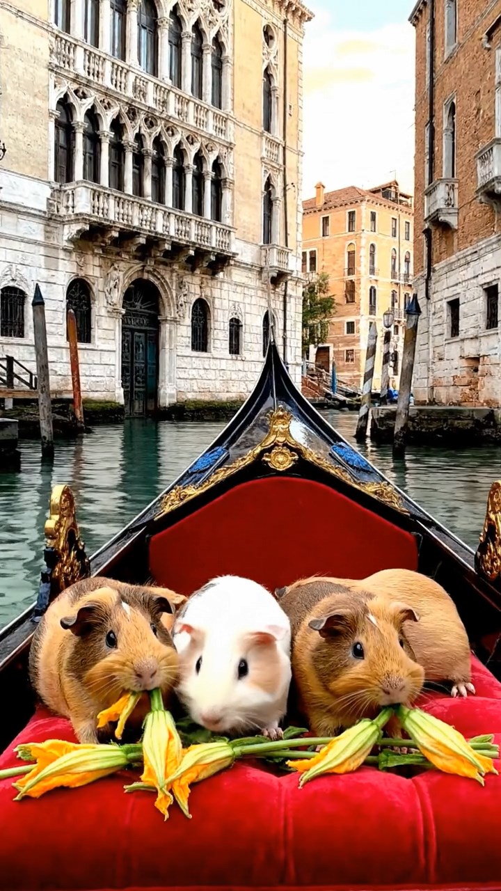 1137. Realistic image of 5 smooth-haired Rex guinea pigs in brown, cream, and fawn colors, munching on zucchini flowers, on a floating Venice gondola with canal reflections.